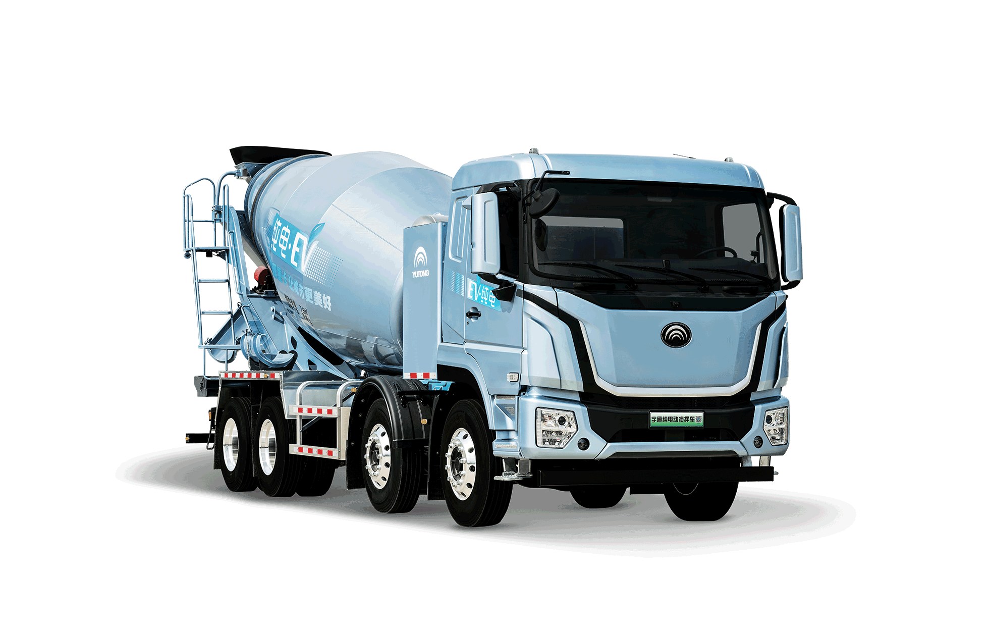 Yutong electric concrete mixer truck delivering concrete on an urban construction site