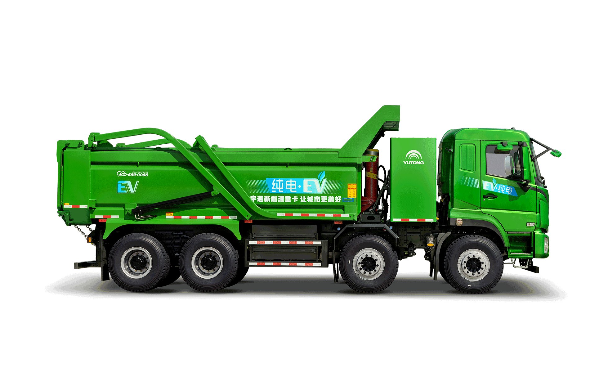 Yutong new energy construction waste dump truck unloading spoil on an urban construction site